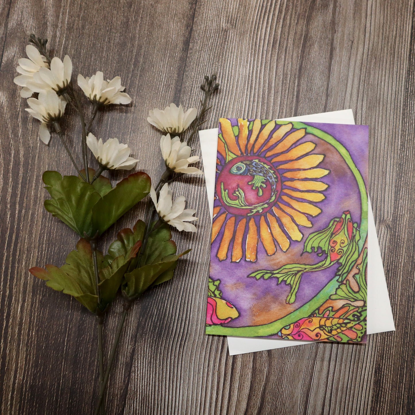 Greeting Card, Blank Inside, 4x6 - Bright Flower and Fish