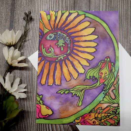 Greeting Card, Blank Inside, 4x6 - Bright Flower and Fish