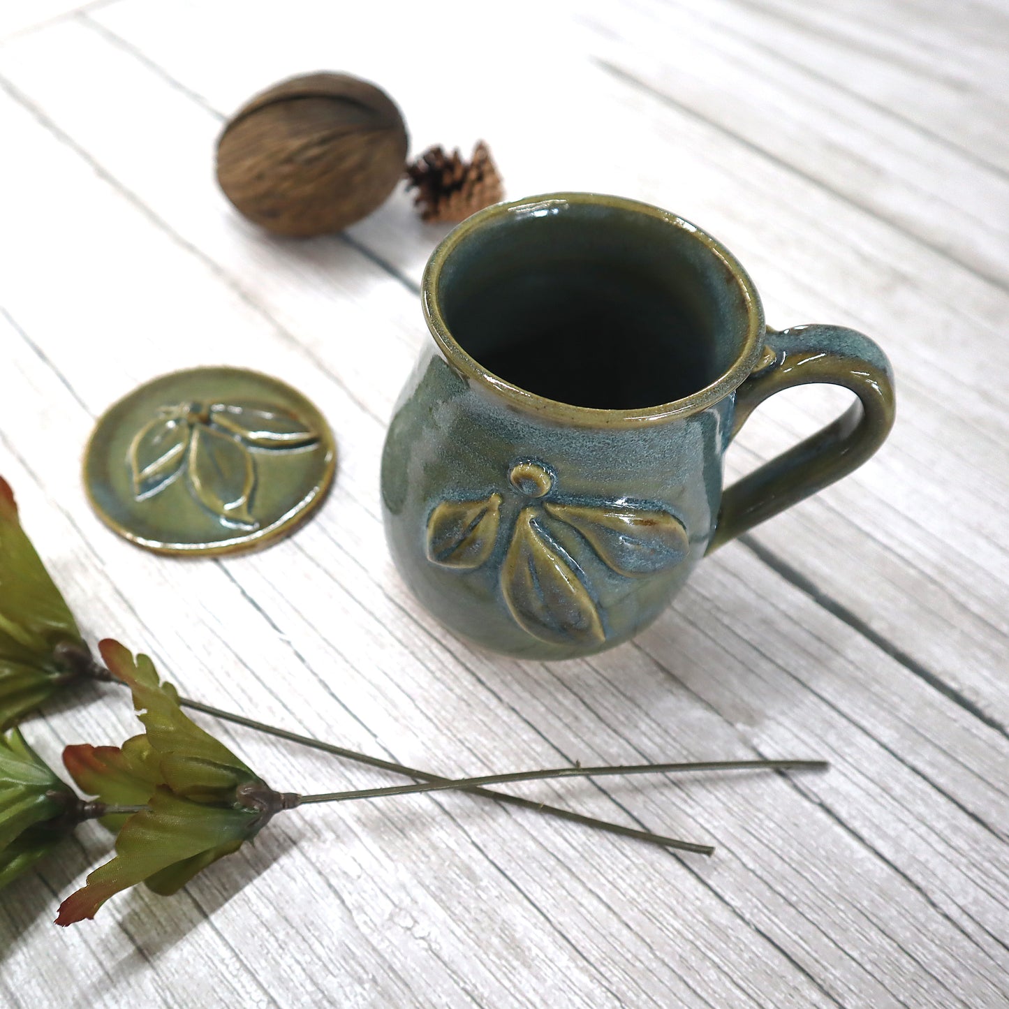 Blue Green Stoneware Belly Mug with Berry Decoration