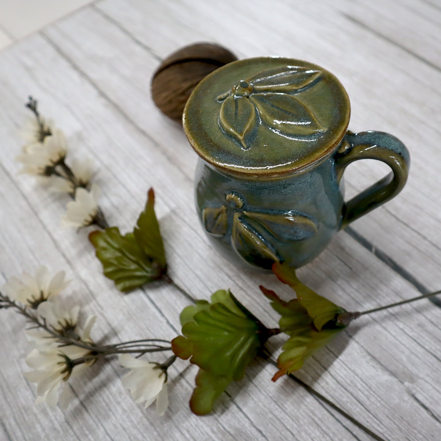 Blue Green Stoneware Belly Mug with Berry Decoration