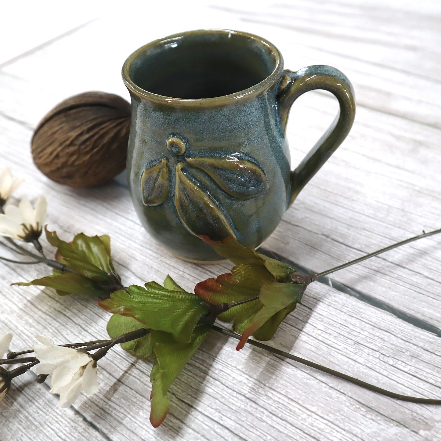 Blue Green Stoneware Belly Mug with Berry Decoration