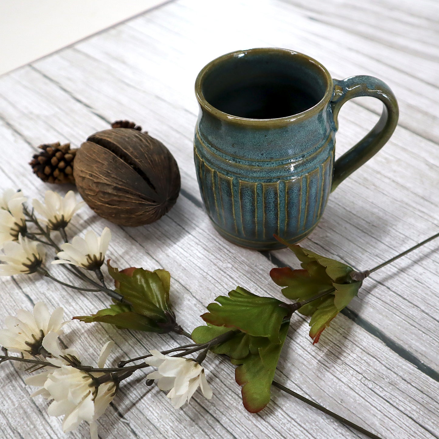 Tooled Small Blue Green Stoneware Mug