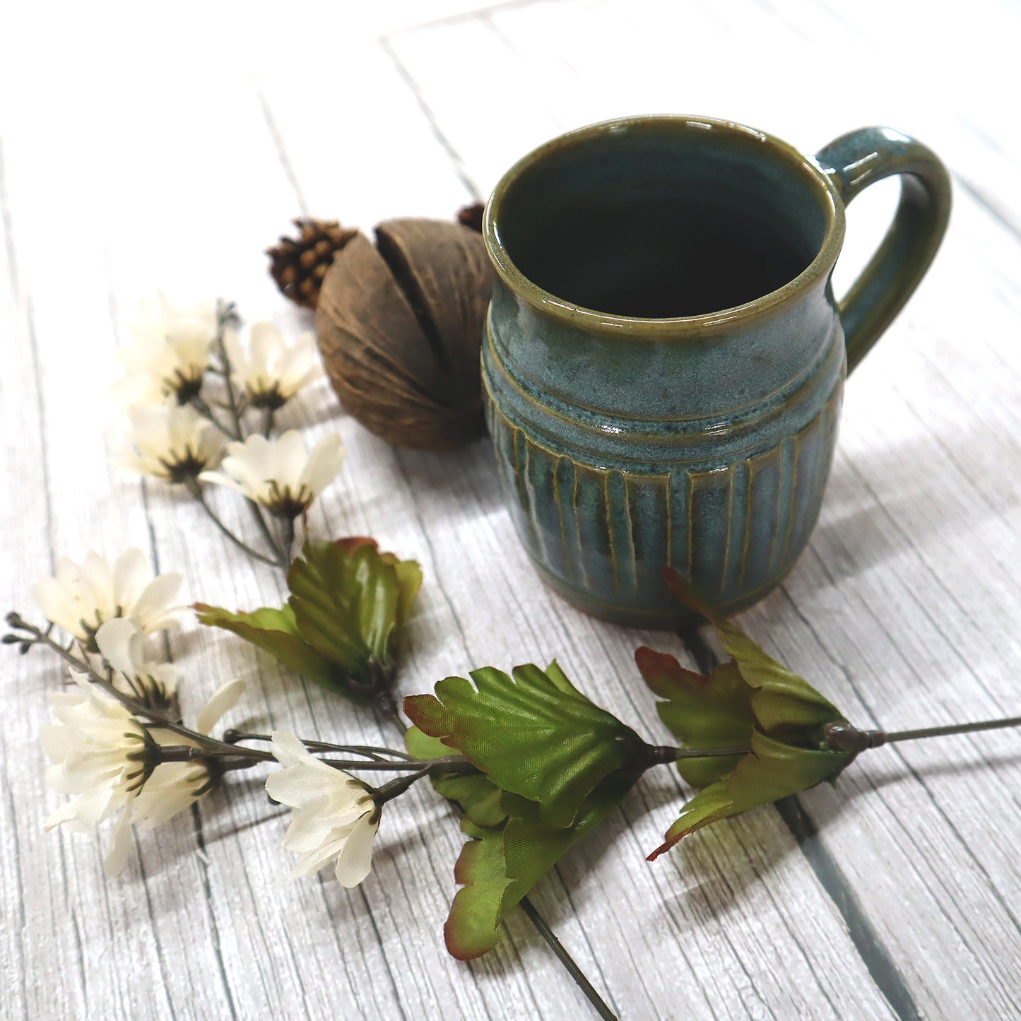 Tooled Small Blue Green Stoneware Mug