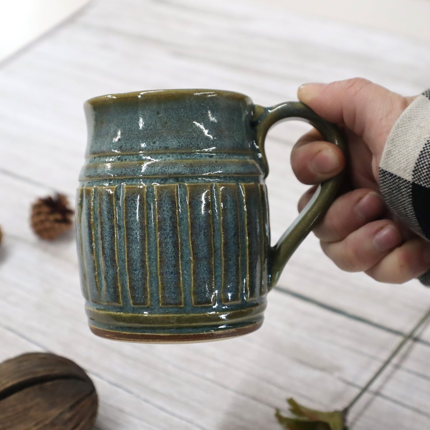 Tooled Small Blue Green Stoneware Mug