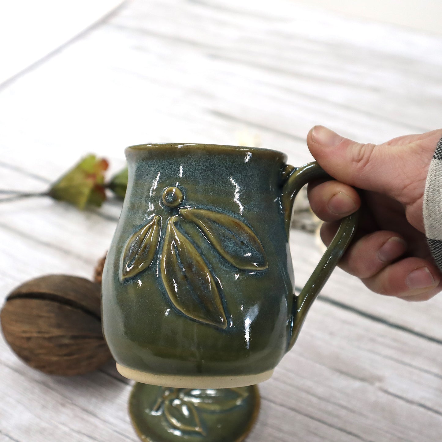 Blue Green Stoneware Belly Mug with Berry Decoration
