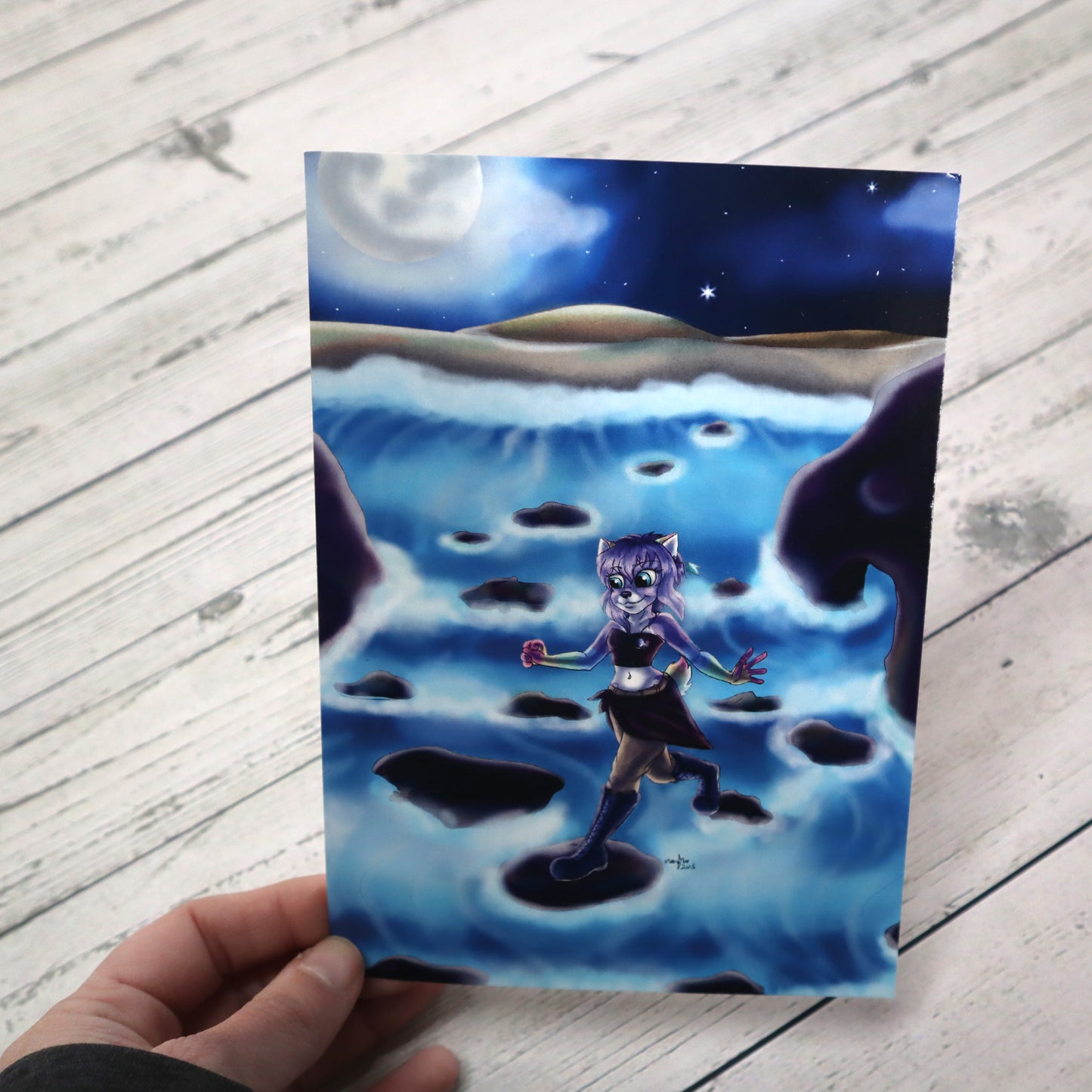 Purple Cat Skipping Art Print Illustration