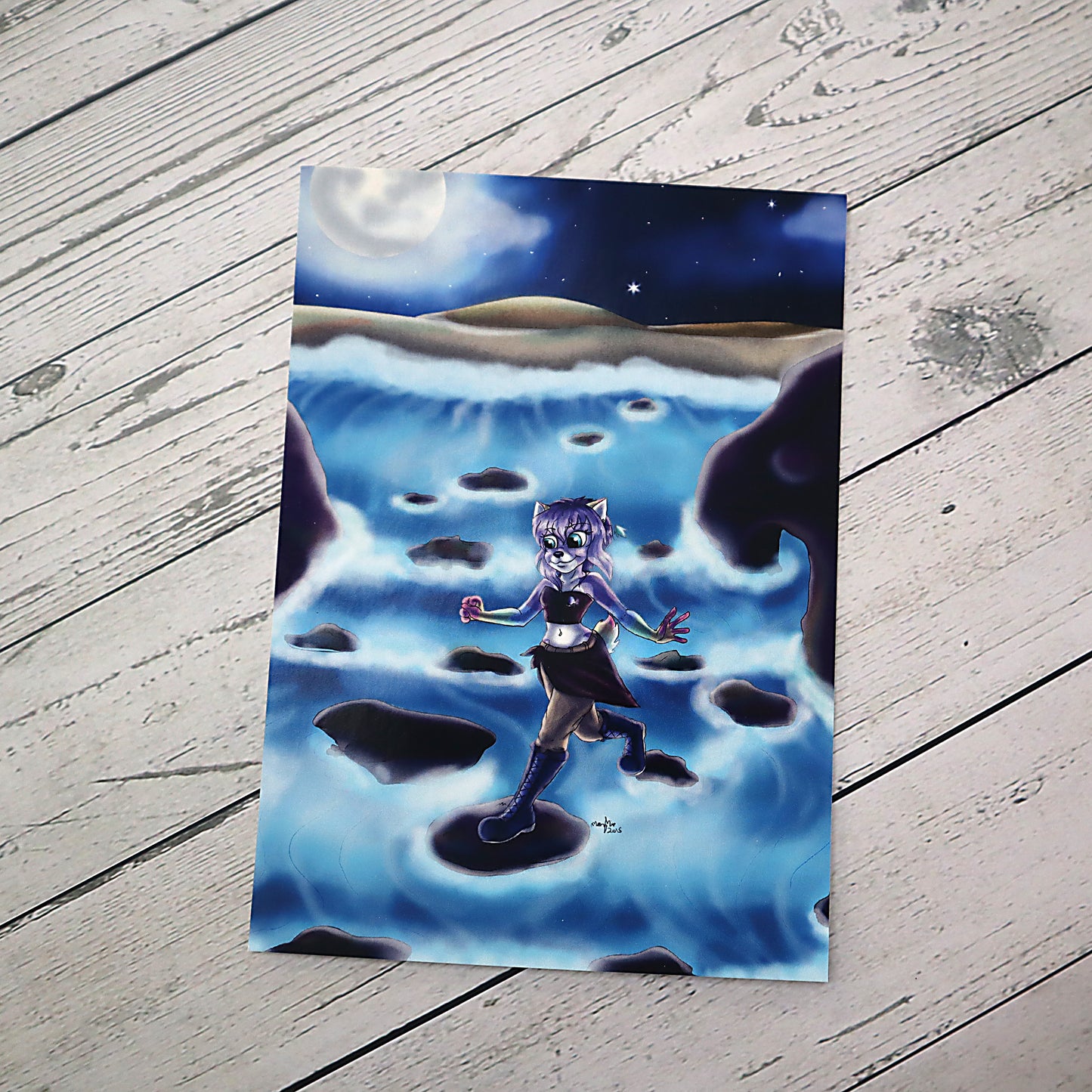 Purple Cat Skipping Art Print Illustration